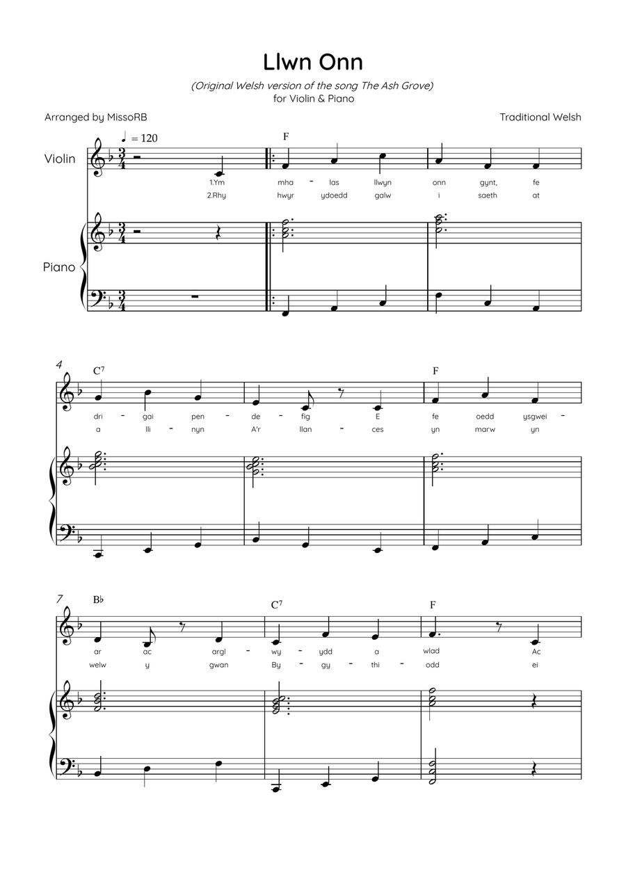 Llwn Onn - Violin & Piano in F Major With Lyrics & Chords (Trad. lyrics of the original Welsh) Violin Solo scores gallery preview page 1