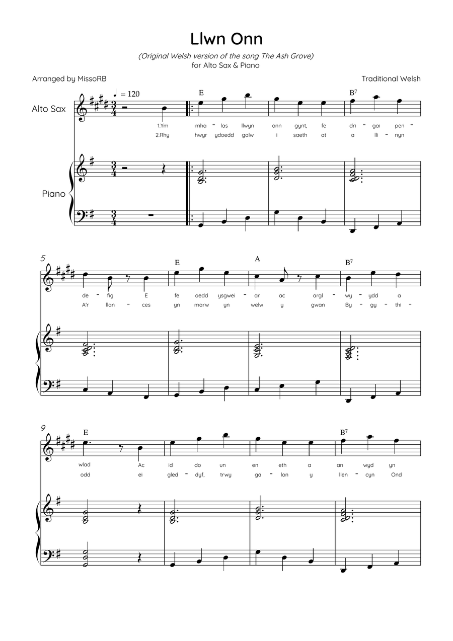 Llwn Onn - Ato Sax & Piano in G Major With Lyrics & Chords (Trad. lyrics of the original Welsh) Alto Saxophone scores gallery preview page 1