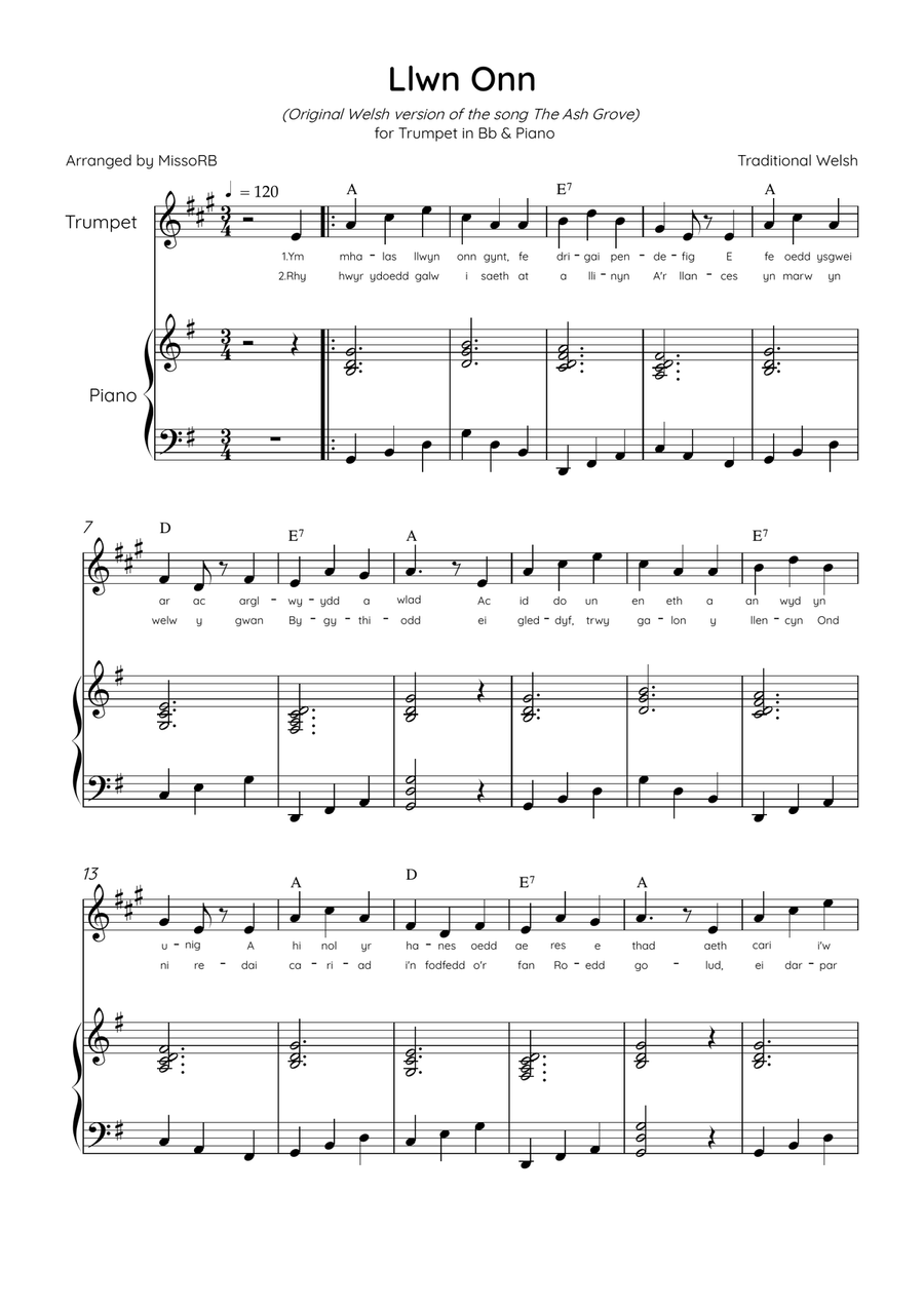 Llwn Onn - Trumpet & Piano in G Major With Lyrics & Chords (Trad. lyrics of the original Welsh) B-Flat Trumpet scores gallery preview page 1