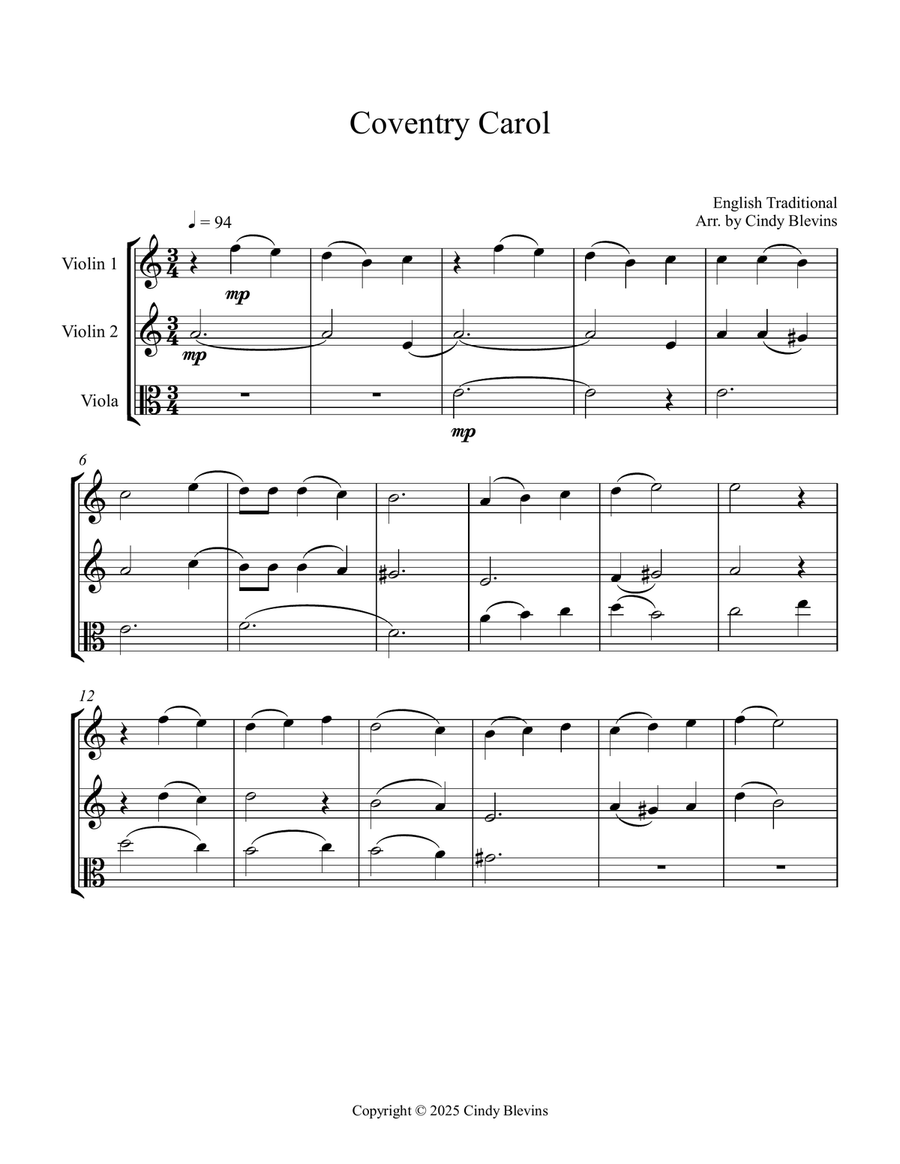 Coventry Carol, for Two Violins and Viola String Trio scores gallery preview page 2