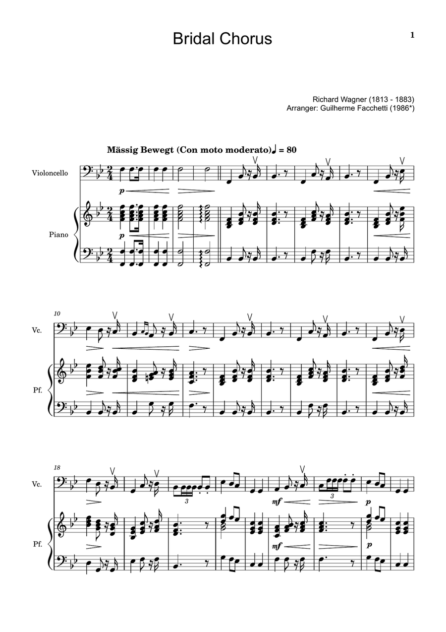 Bridal Chorus. R. Wagner - Arranged for Cello and Piano Chamber Music scores gallery preview page 1