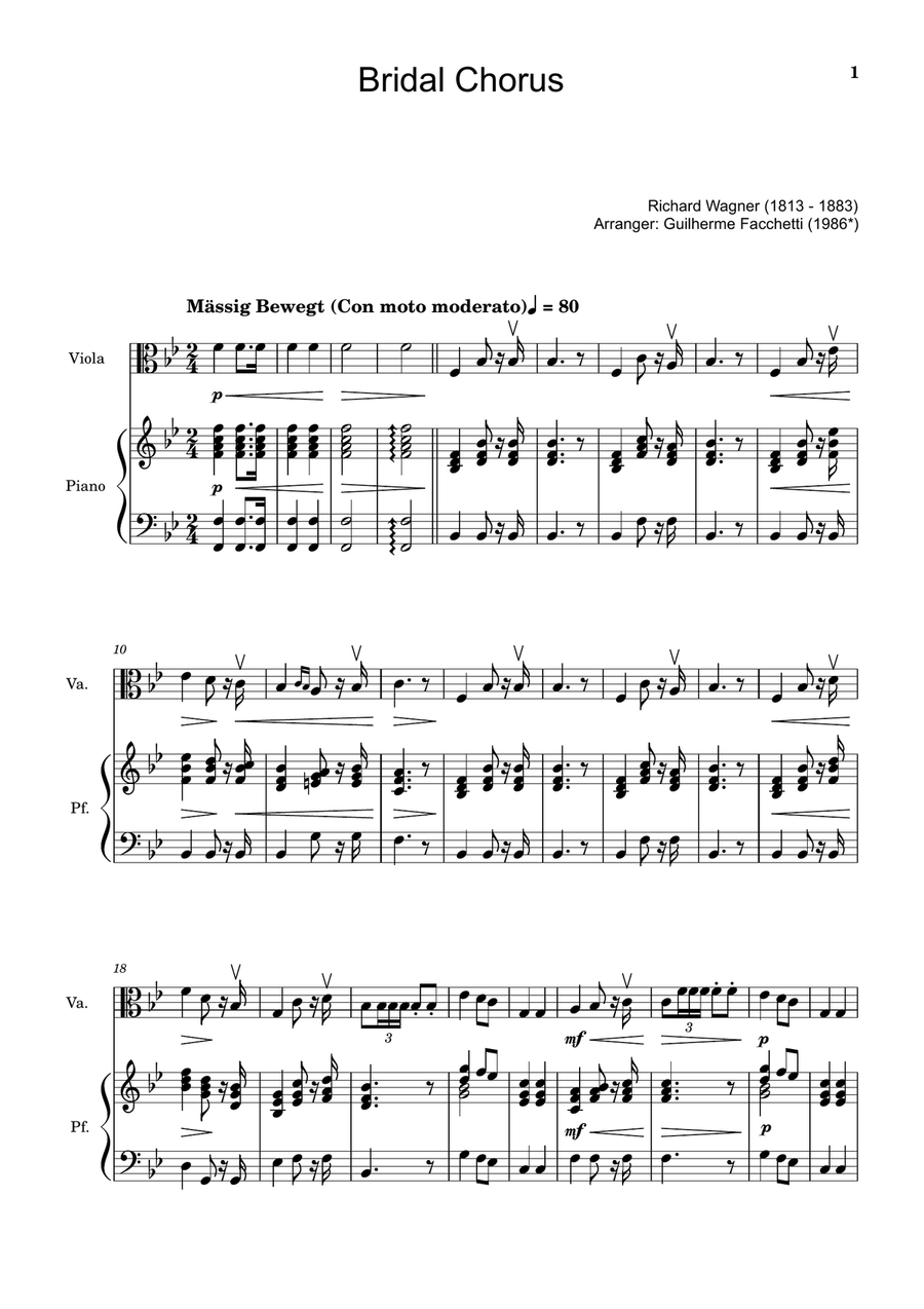 Bridal Chorus. R. Wagner - Arranged for Viola and Piano Chamber Music scores gallery preview page 1