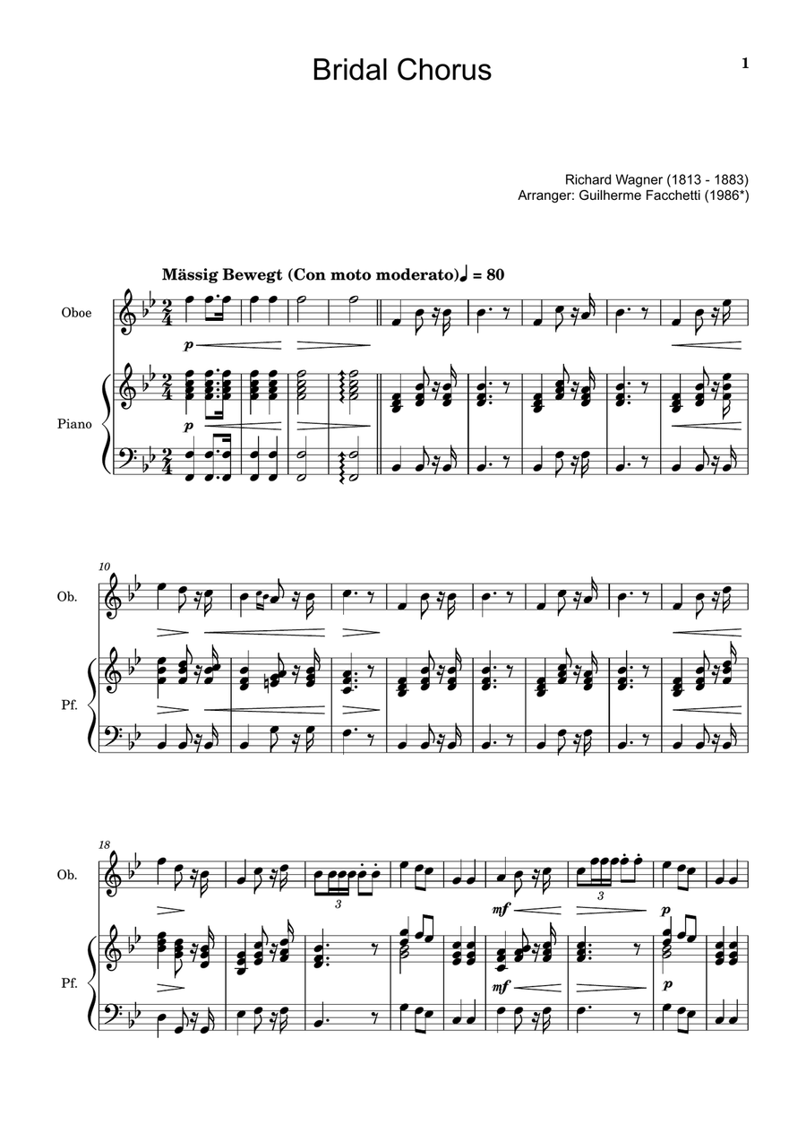 Bridal Chorus. R. Wagner - Arranged for Oboe and Piano Woodwind Duet scores gallery preview page 1