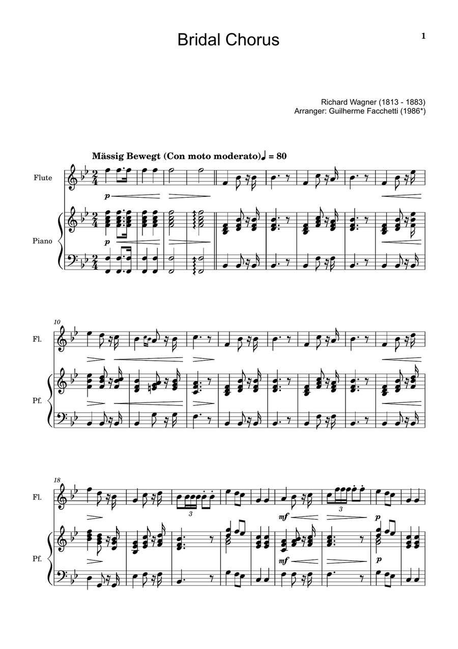 Bridal Chorus. R. Wagner - Arranged for Flute and Piano Woodwind Duet scores gallery preview page 1
