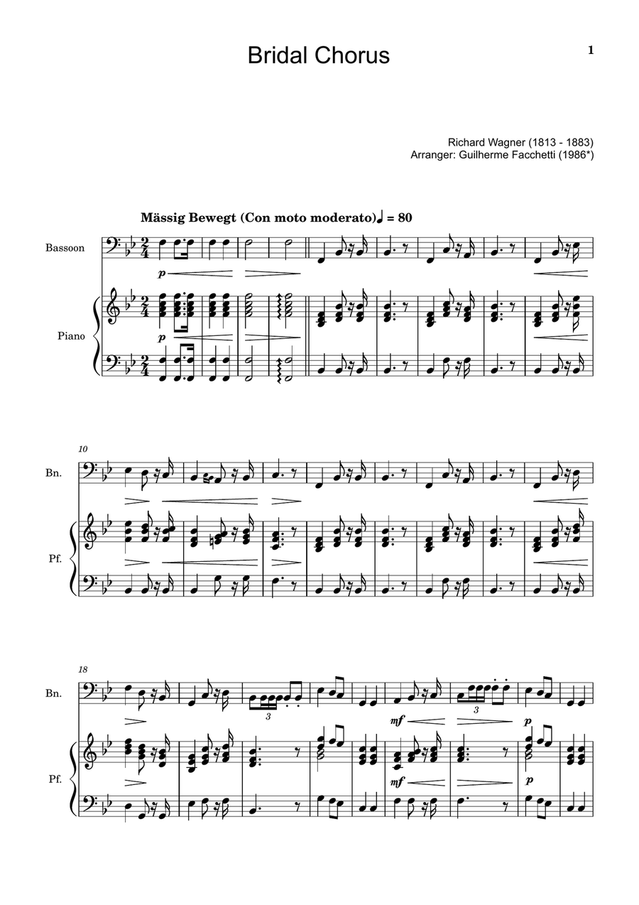 Bridal Chorus. R. Wagner - Arranged for Bassoon and Piano Woodwind Duet scores gallery preview page 1