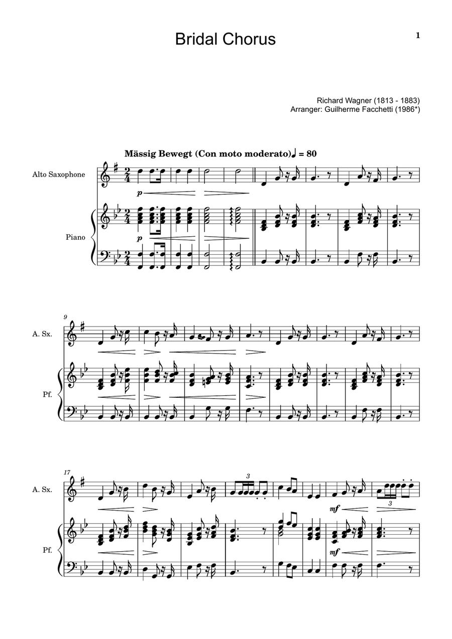 Bridal Chorus. R. Wagner - Arranged for A. Sax. and Piano Woodwind Duet scores gallery preview page 1