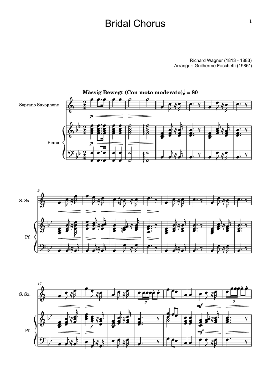 Bridal Chorus. R. Wagner - Arranged for S. Sax. and Piano Woodwind Duet scores gallery preview page 1