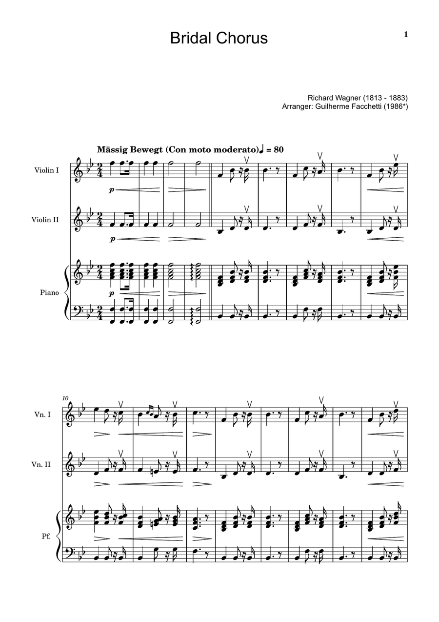 Bridal Chorus. R. Wagner - Violin Duet and Piano. Score and Parts. String Duet scores gallery preview page 1