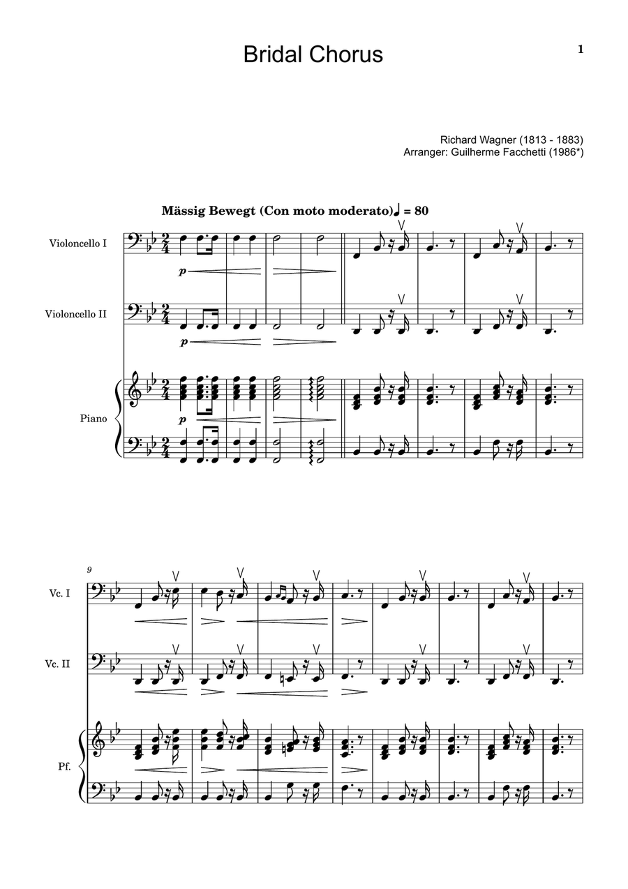 Bridal Chorus. R. Wagner - Cello Duet and Piano. Score and Parts. String Duet scores gallery preview page 1