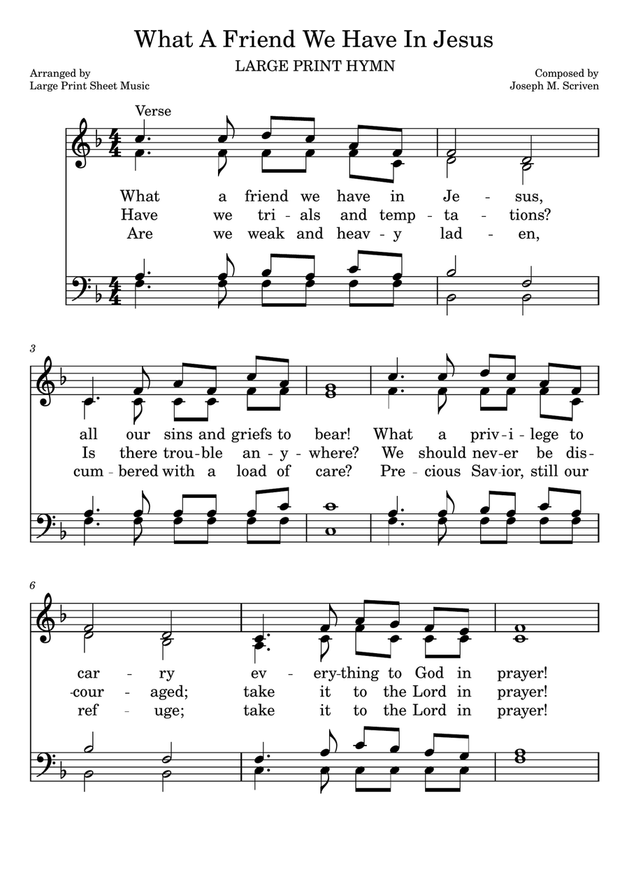 What A Friend We Have In Jesus LARGE PRINT Hymn Book Version Easy Piano scores gallery preview page 1