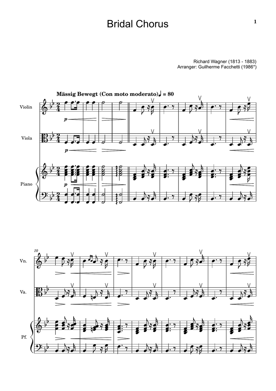 Bridal Chorus. R. Wagner - Violin, Viola and Piano. Score and Parts. Chamber Music scores gallery preview page 1