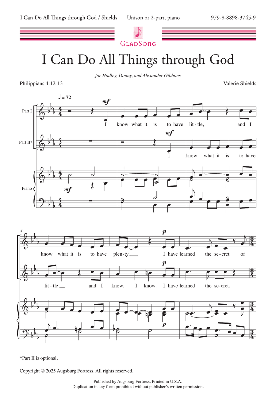 I Can Do All Things through God Unison Choir scores gallery preview page 1