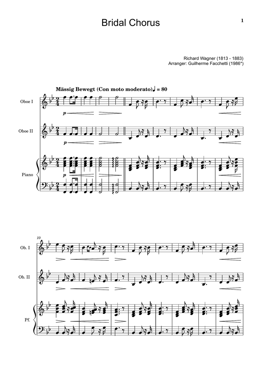 Bridal Chorus. R. Wagner - Oboe Duet and Piano. Score and Parts. Woodwind Duet scores gallery preview page 1