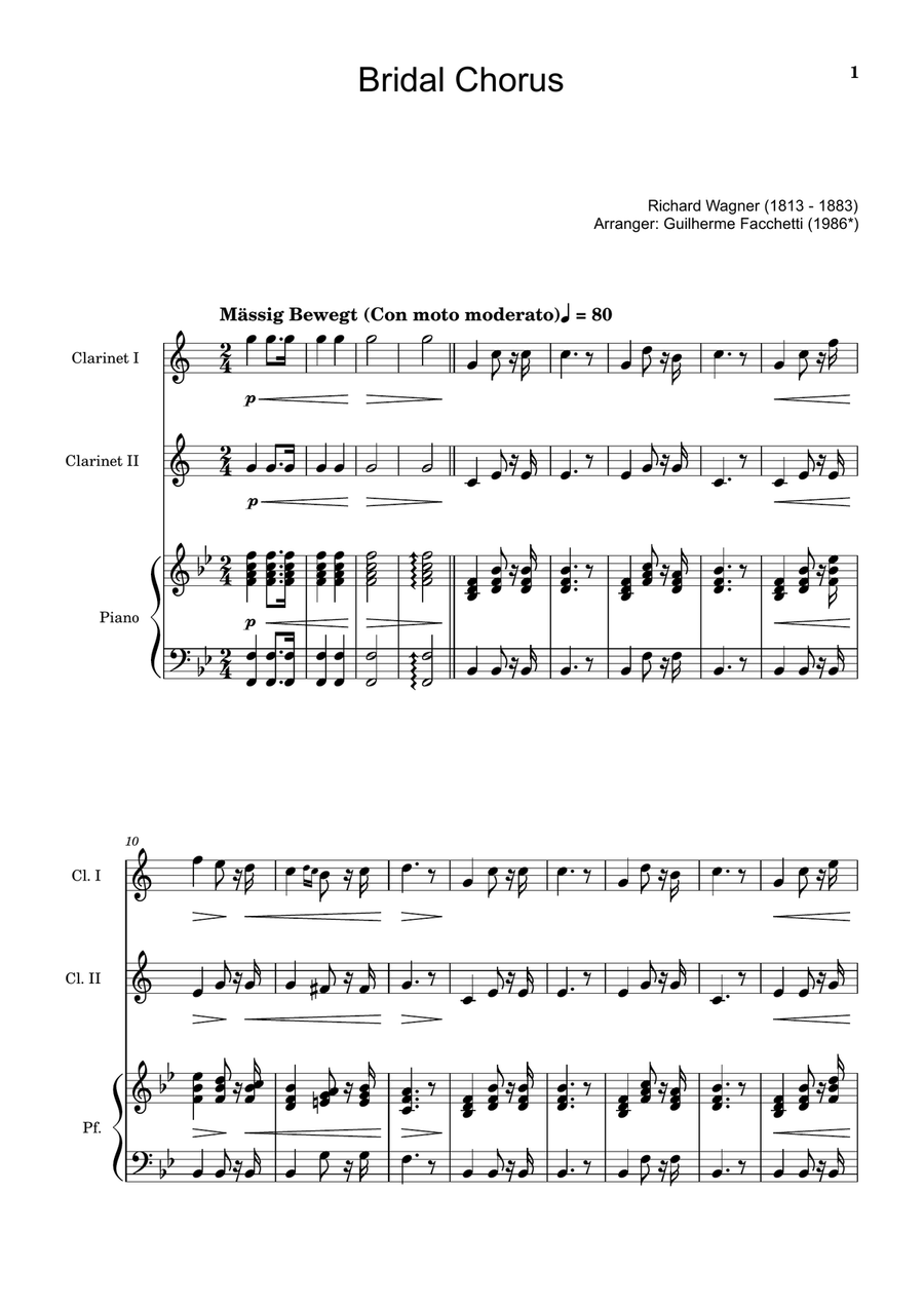 Bridal Chorus. R. Wagner - Clarinet Duet and Piano. Score and Parts. Clarinet Duet scores gallery preview page 1