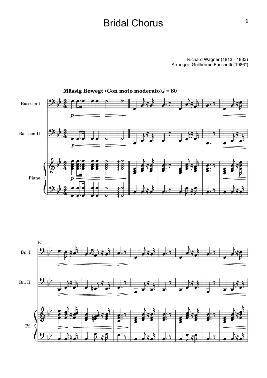 Bridal Chorus. R. Wagner - Bassoon Duet and Piano. Score and Parts. Woodwind Duet scores gallery preview page 1