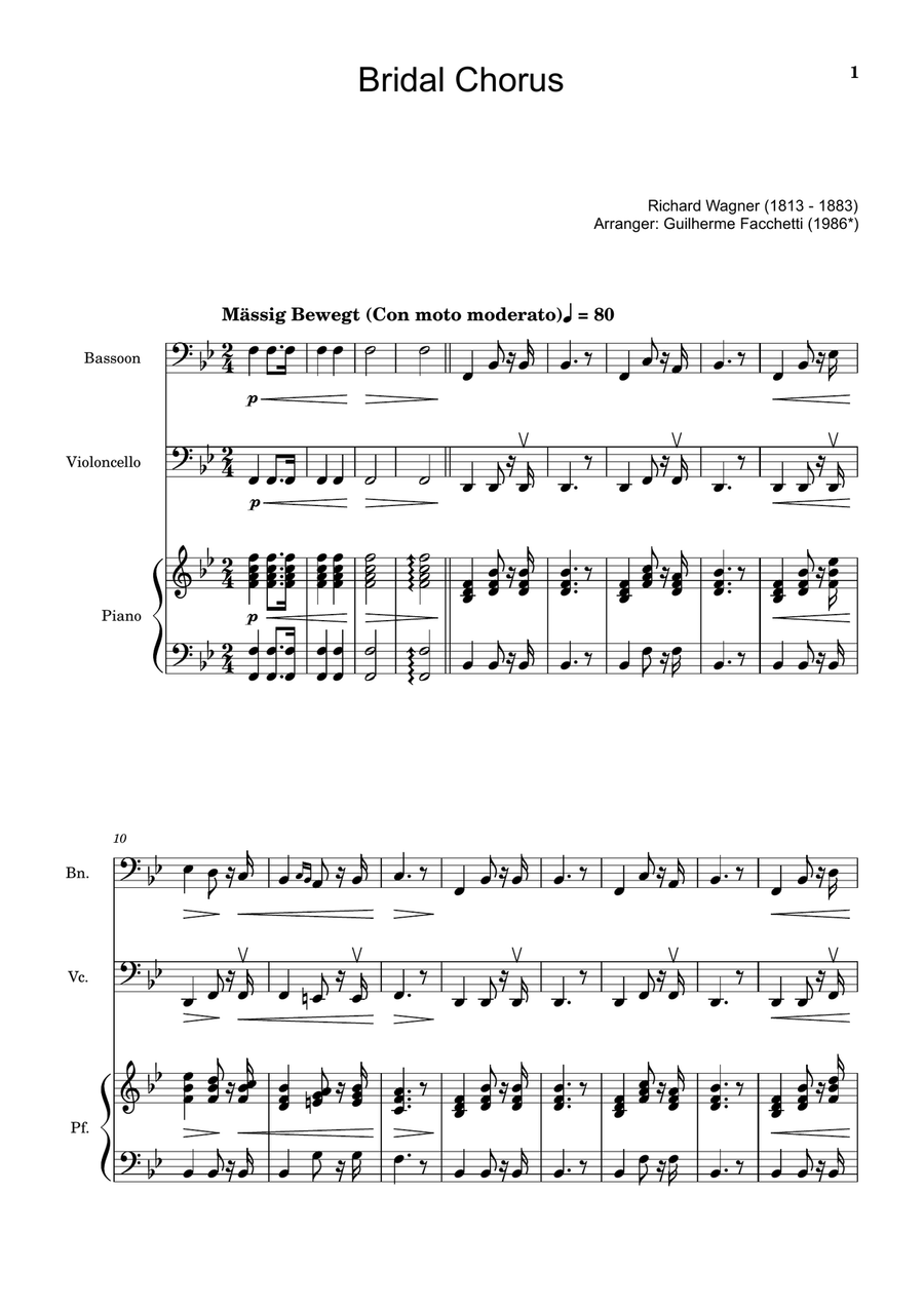 Bridal Chorus. R. Wagner - Bassoon, Cello and Piano. Score and Parts. Chamber Music scores gallery preview page 1
