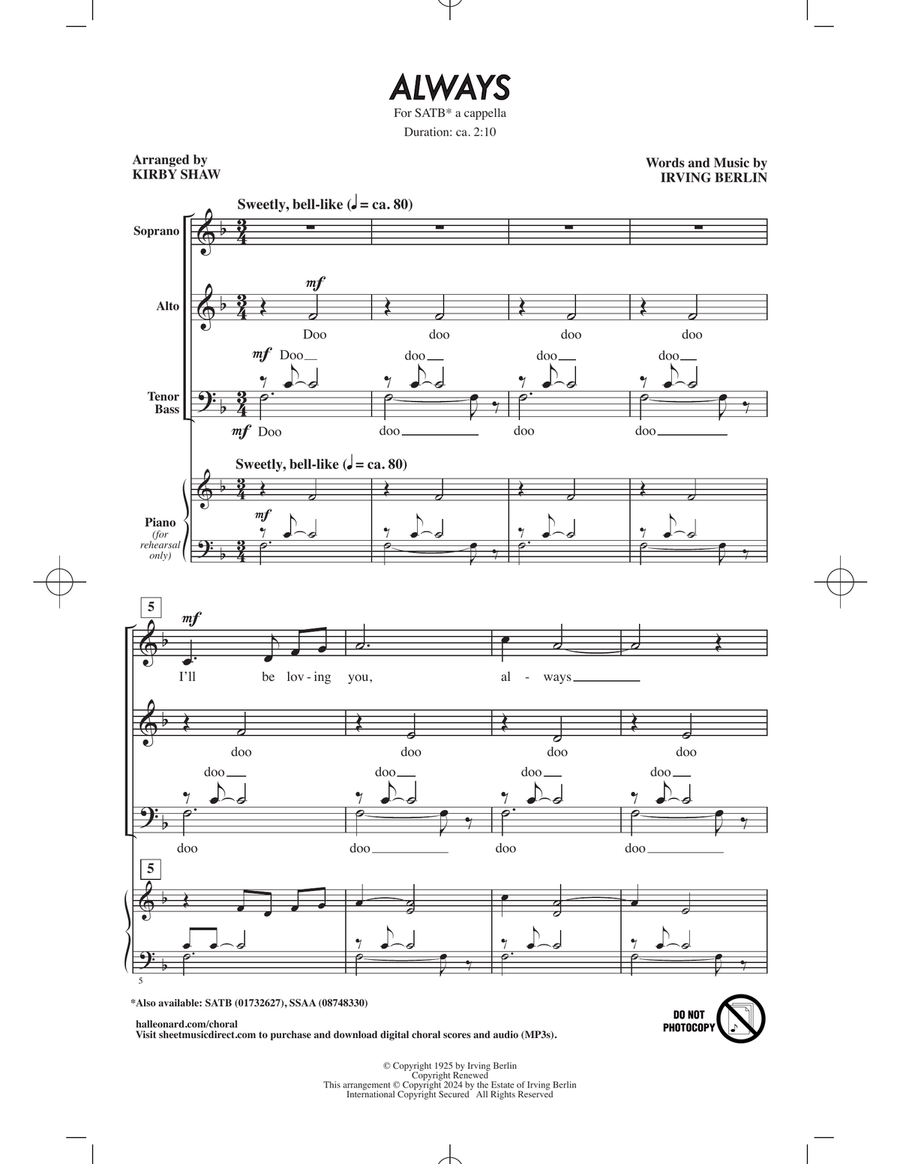 Always (arr. Kirby Shaw) Always (arr. Kirby Shaw) 4-Part scores gallery preview page 1