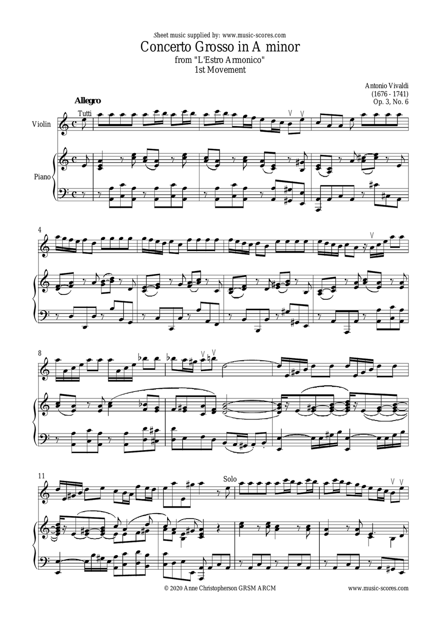 Vivaldi: 1st Movement of Violin Concerto in A minor: Op.3, No.6: Violin and Piano Violin Solo scores gallery preview page 1