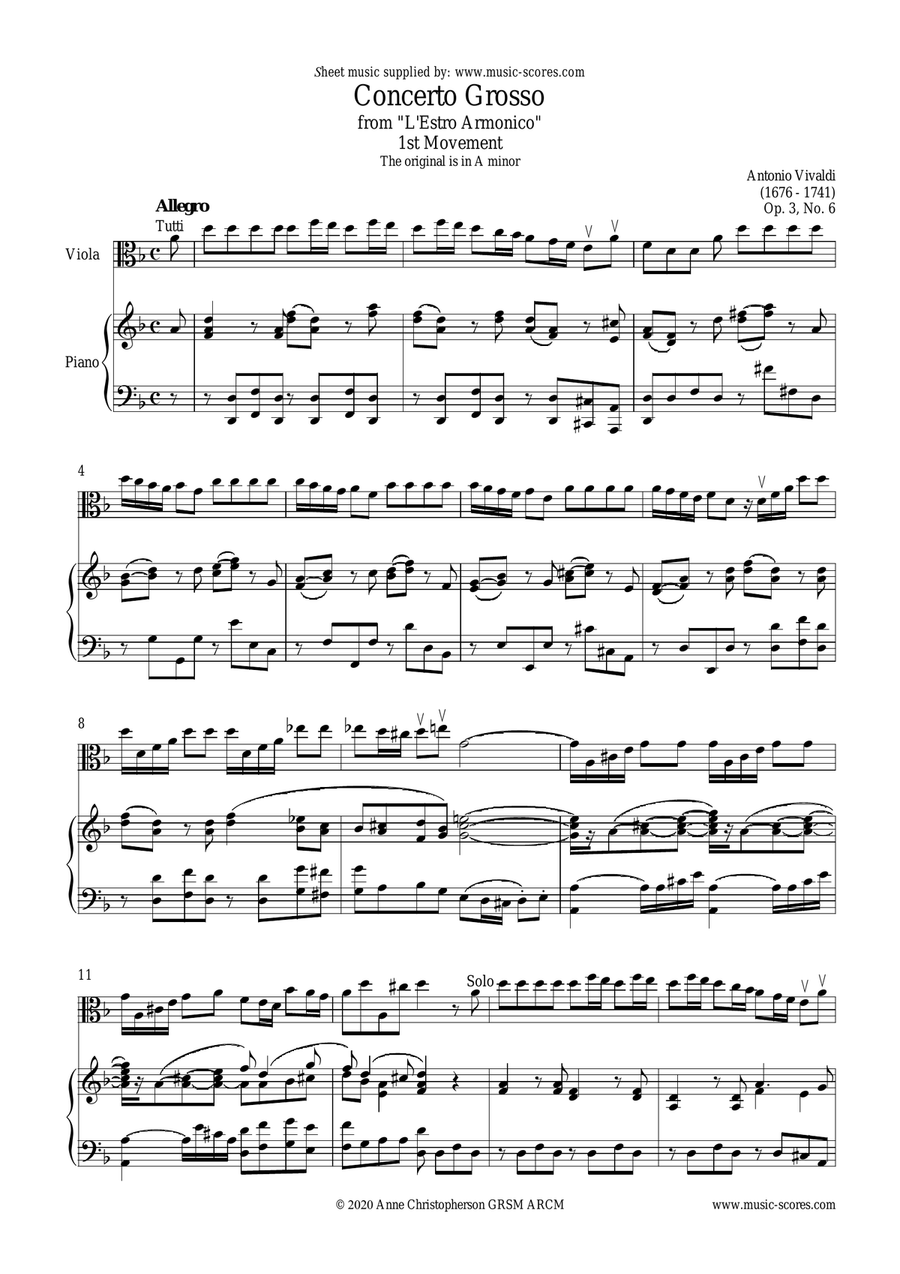 Vivaldi: 1st Movement of Violin Concerto in A minor: Op.3, No.6: Viola and Piano Violin Solo scores gallery preview page 1