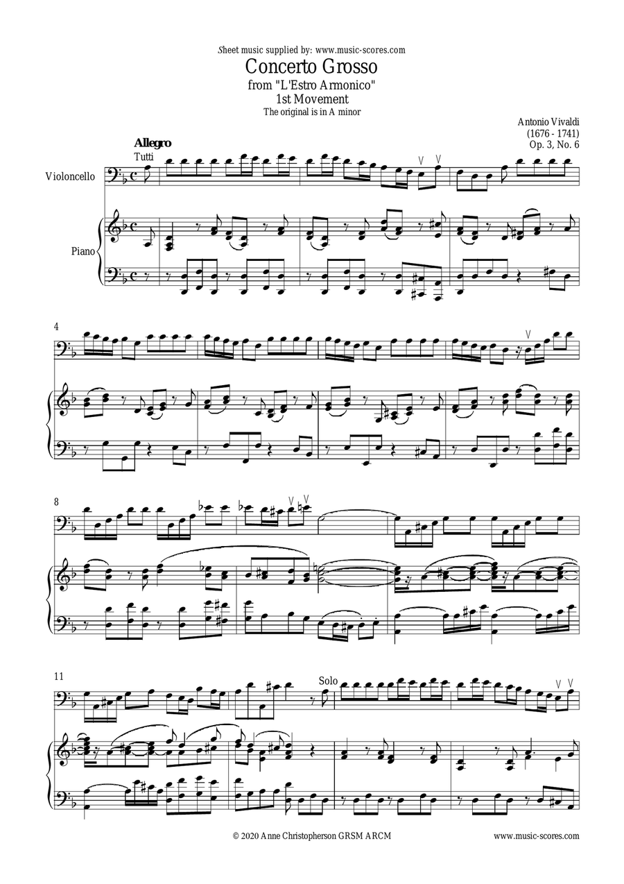 Vivaldi: 1st Movement of Violin Concerto in A minor: Op.3, No.6: Cello and Piano Piano Trio scores gallery preview page 1