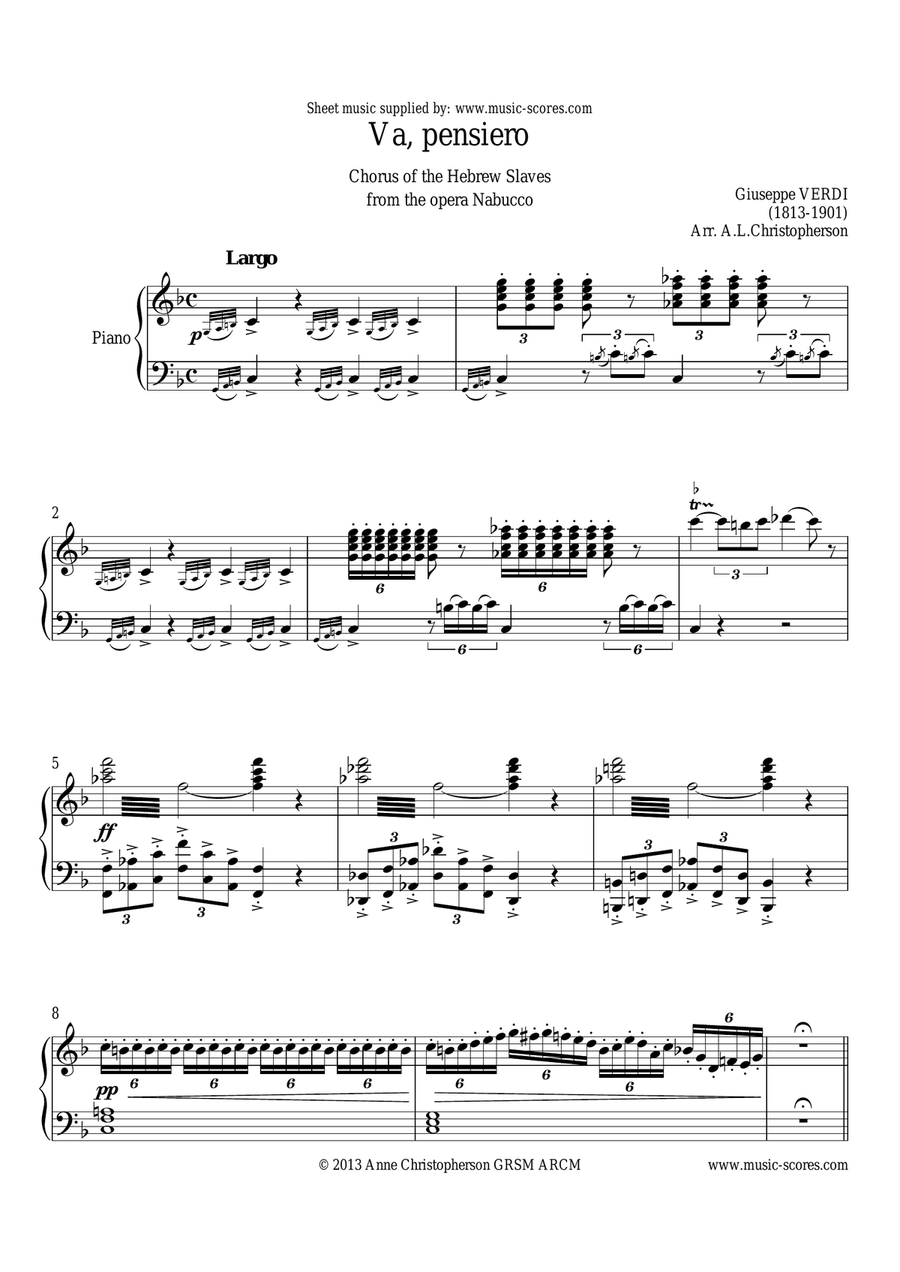 Verdi: Va, Pensiero: Cello and Piano Piano scores gallery preview page 1