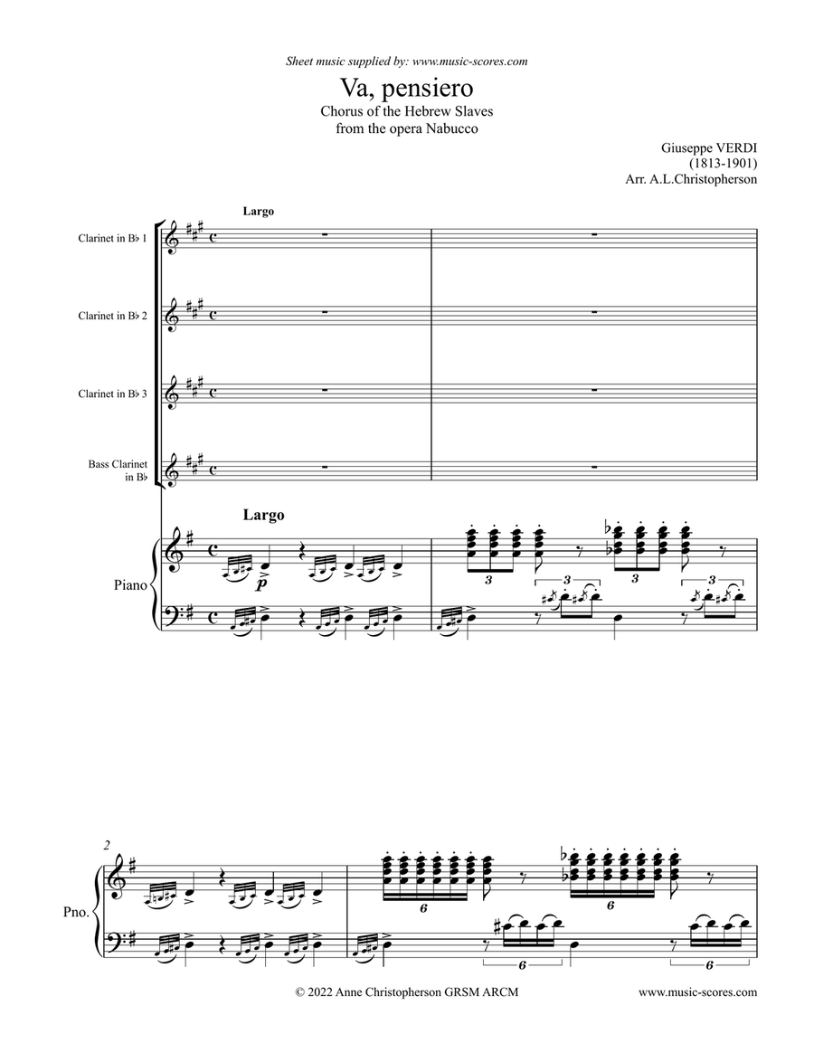 Verdi: Va, Pensiero: 3 Clarinets, Bass Clarinet, Piano Small Ensemble scores gallery preview page 1