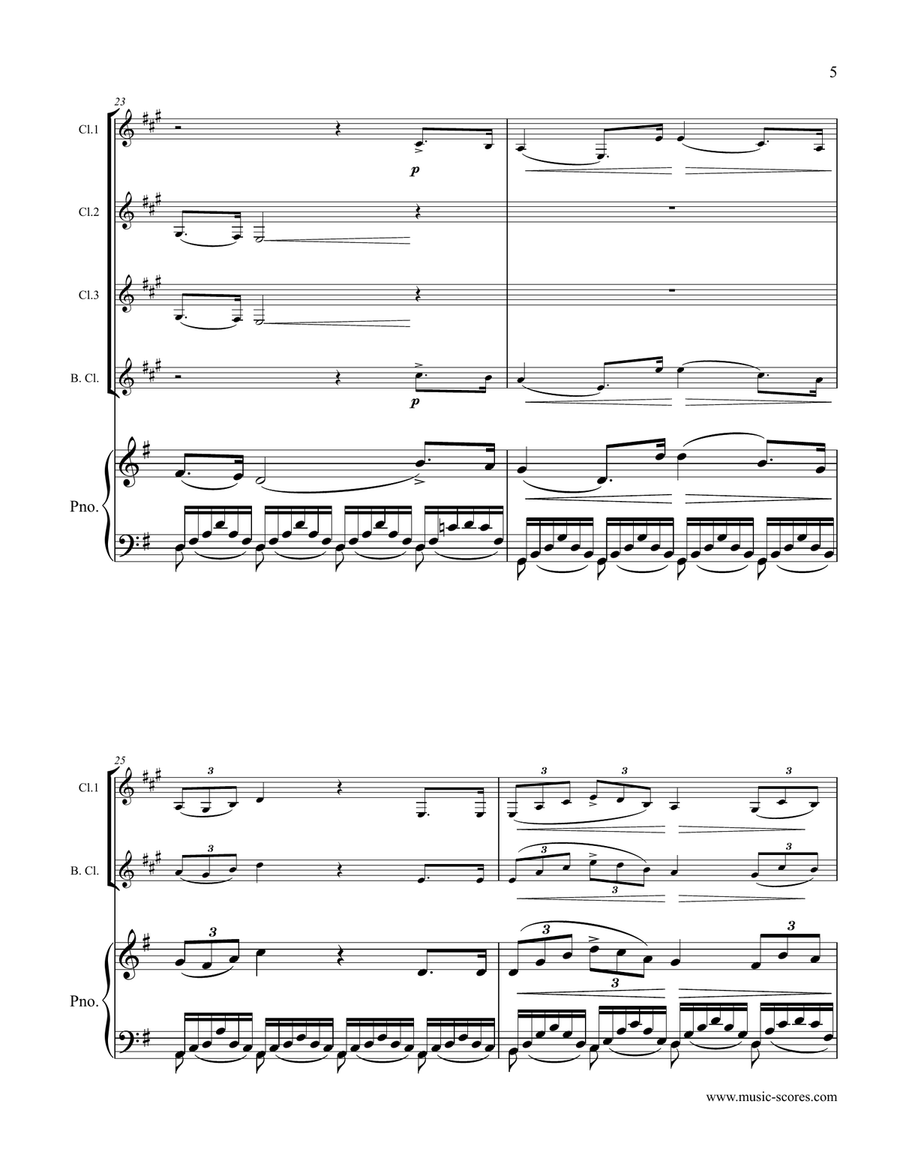 Verdi: Va, Pensiero: 3 Clarinets, Bass Clarinet, Piano Small Ensemble scores gallery preview page 5