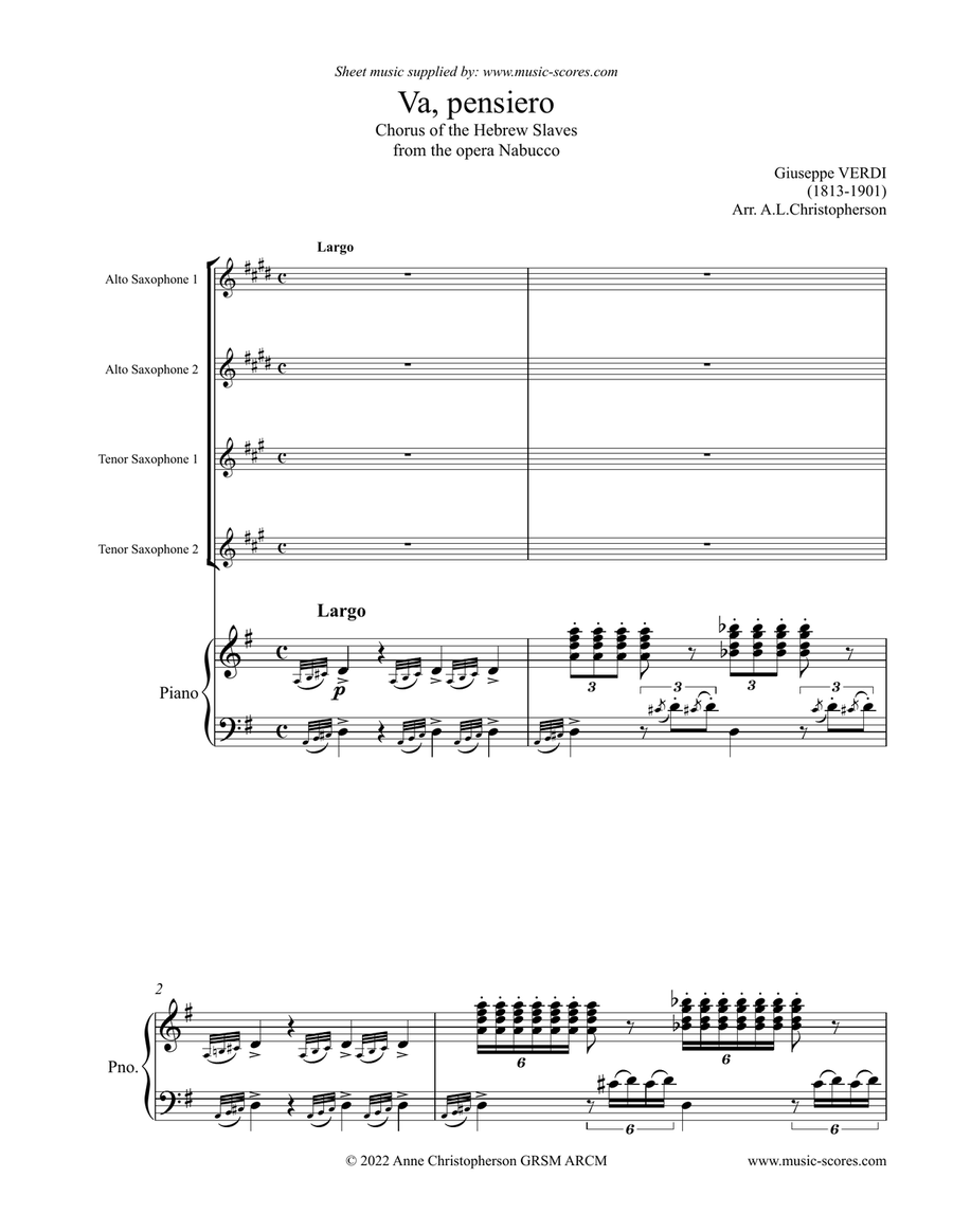 Verdi: Va, Pensiero: 2 Alto Saxes, 2 Tenor Saxes, Piano Small Ensemble scores gallery preview page 1
