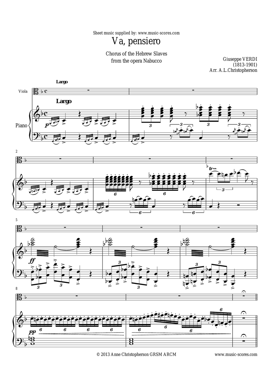 Verdi: Va, Pensiero: Viola and Piano Piano scores gallery preview page 1