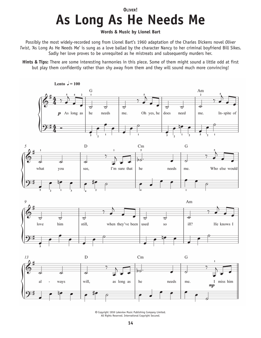 As Long As He Needs Me (from Oliver!) Easy Piano scores gallery preview page 1
