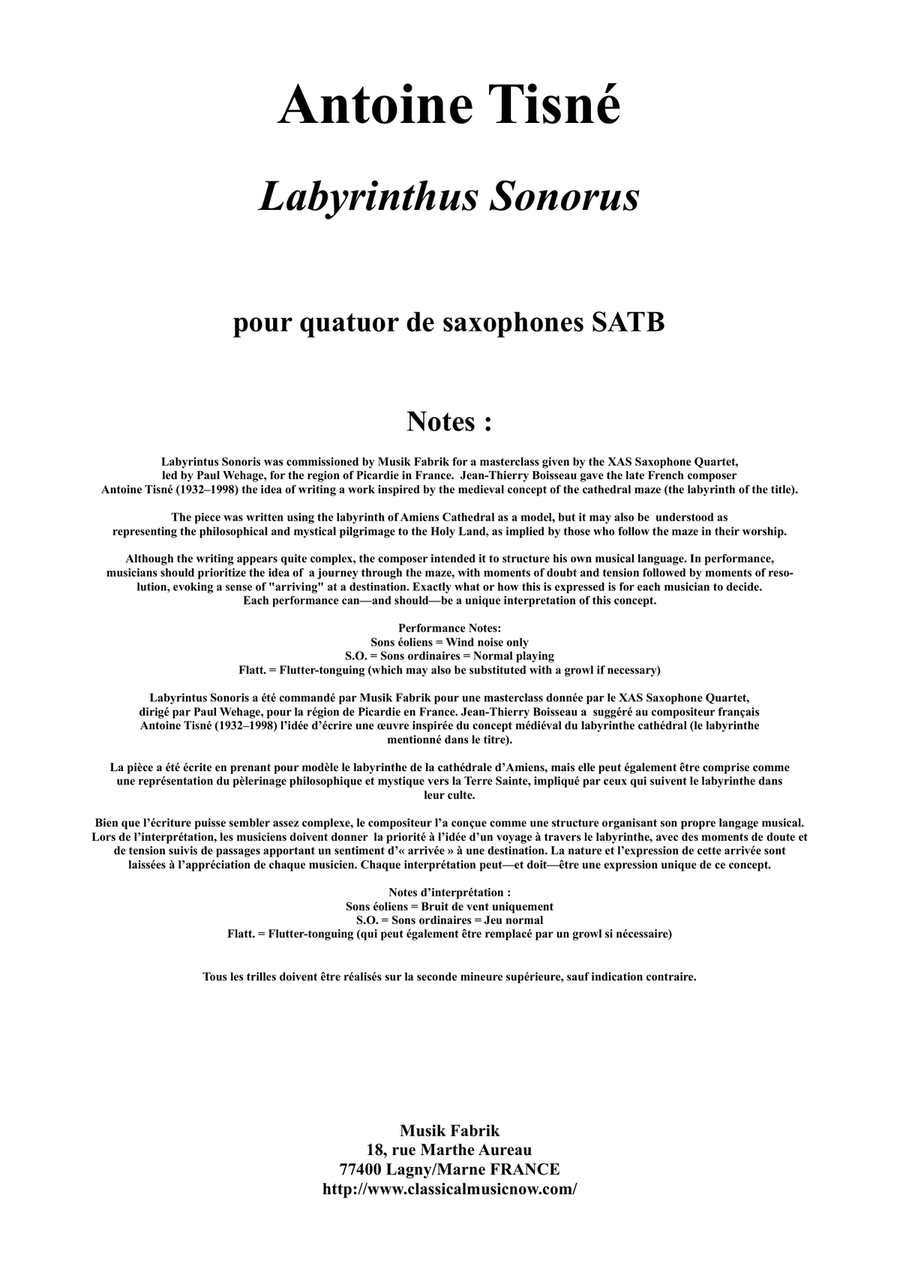 Antoine Tisné : Labyrinthus Sonoris for SATB saxophone quartet Saxophone Quartet scores gallery preview page 1
