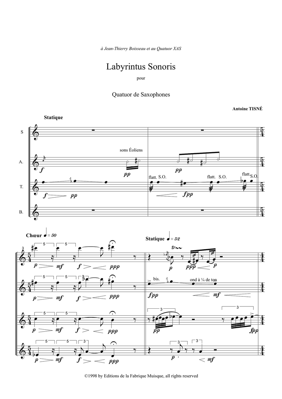 Antoine Tisné : Labyrinthus Sonoris for SATB saxophone quartet Saxophone Quartet scores gallery preview page 2