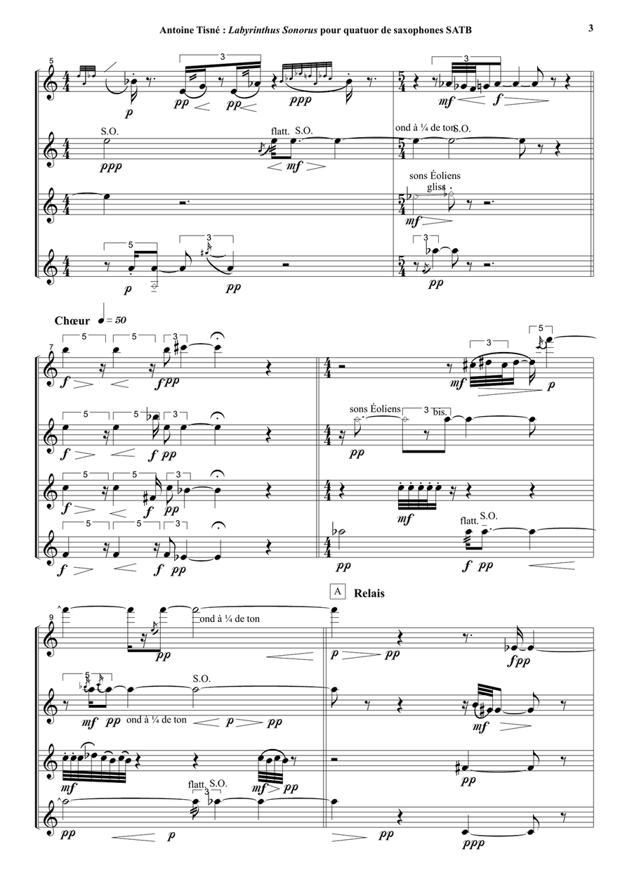 Antoine Tisné : Labyrinthus Sonoris for SATB saxophone quartet Saxophone Quartet scores gallery preview page 3