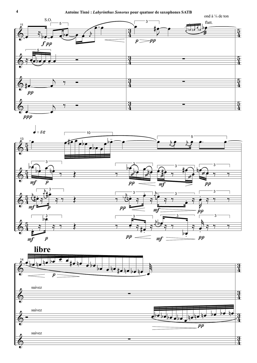 Antoine Tisné : Labyrinthus Sonoris for SATB saxophone quartet Saxophone Quartet scores gallery preview page 4