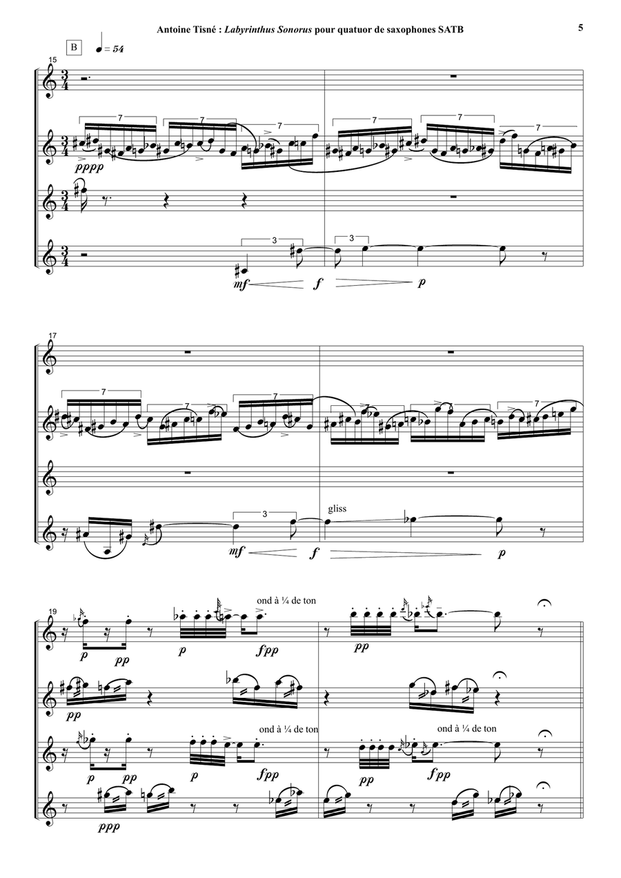 Antoine Tisné : Labyrinthus Sonoris for SATB saxophone quartet Saxophone Quartet scores gallery preview page 5