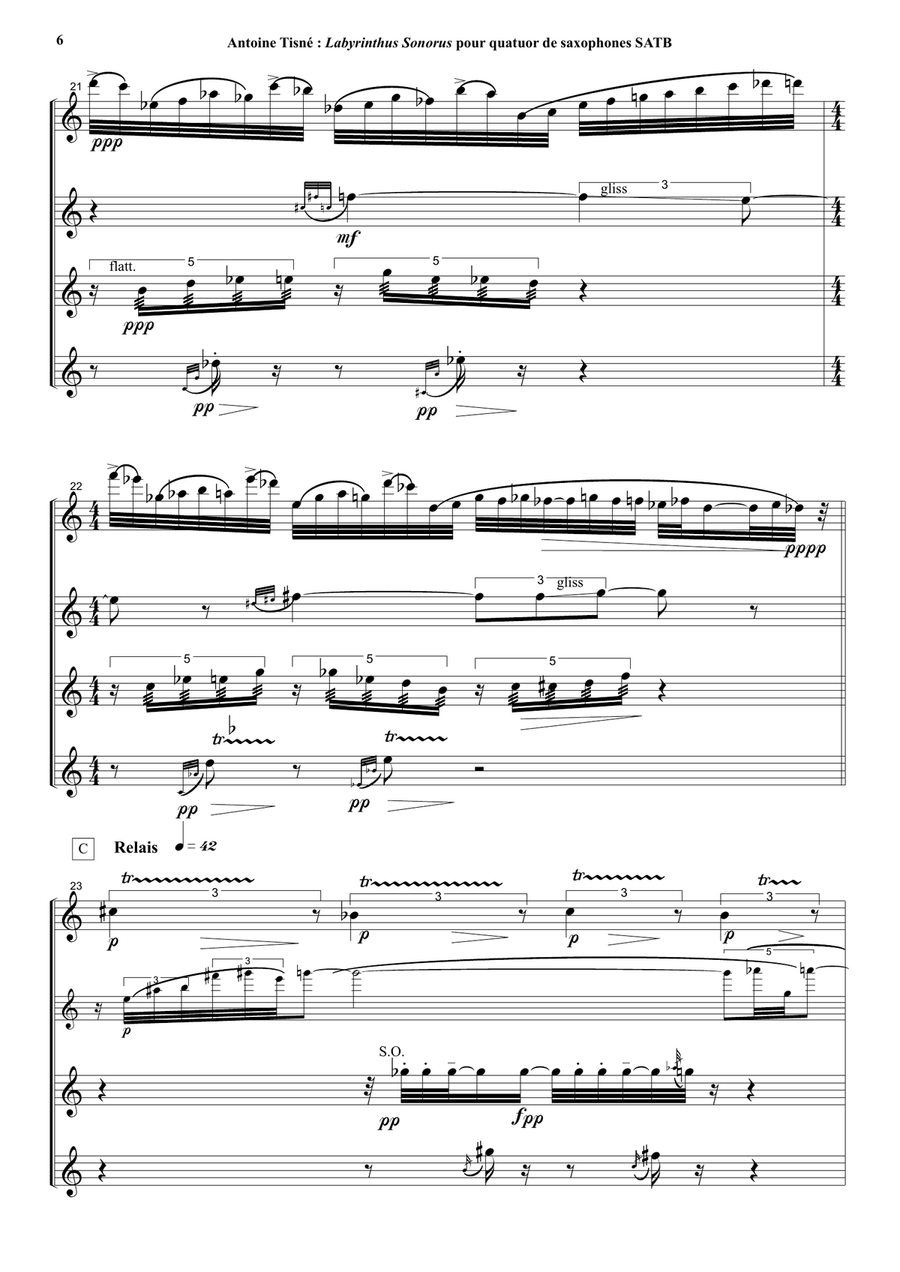 Antoine Tisné : Labyrinthus Sonoris for SATB saxophone quartet Saxophone Quartet scores gallery preview page 6