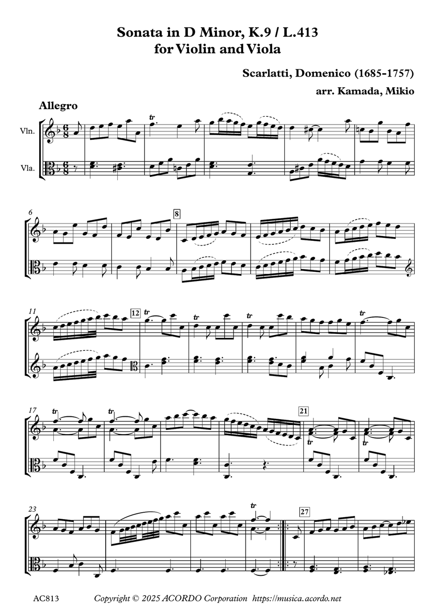Sonata in D Minor, K.9 / L.366 for Violin and Viola String Duet scores gallery preview page 1