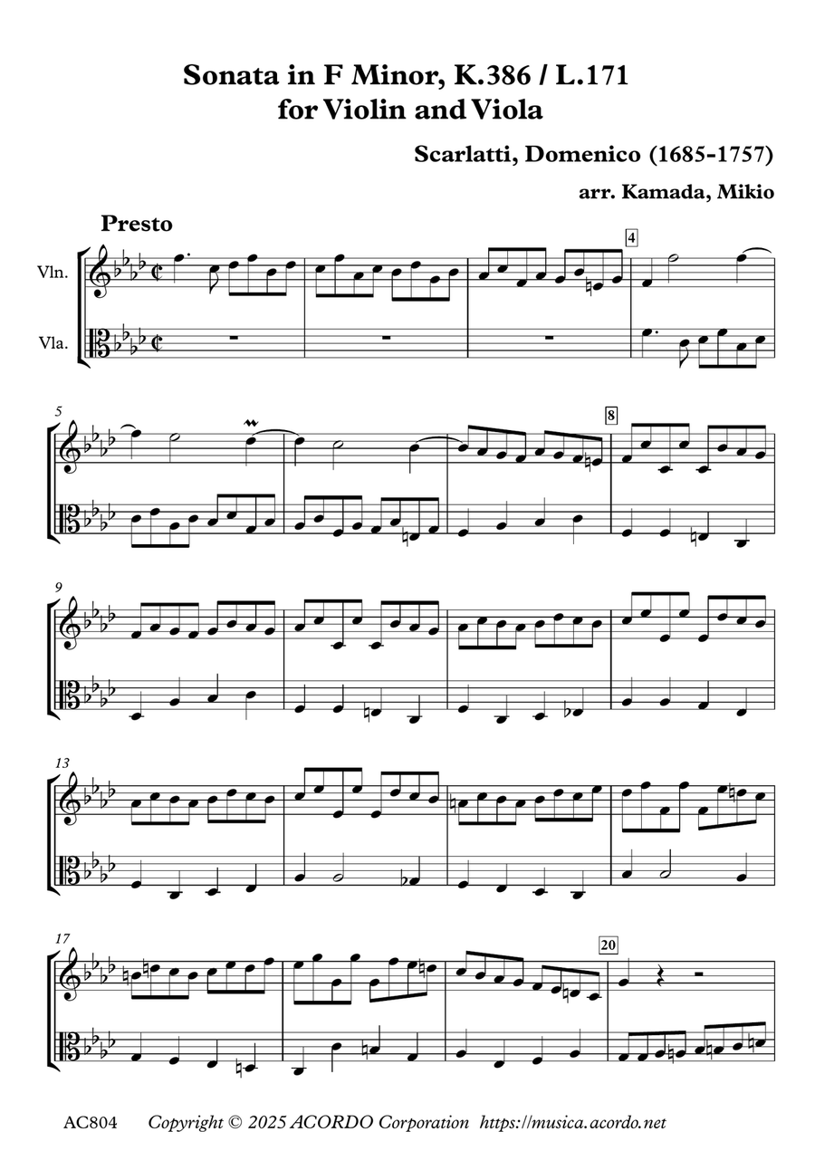 Sonata in F Major, K.386 / L.171 for Violin and Viola String Duet scores gallery preview page 1
