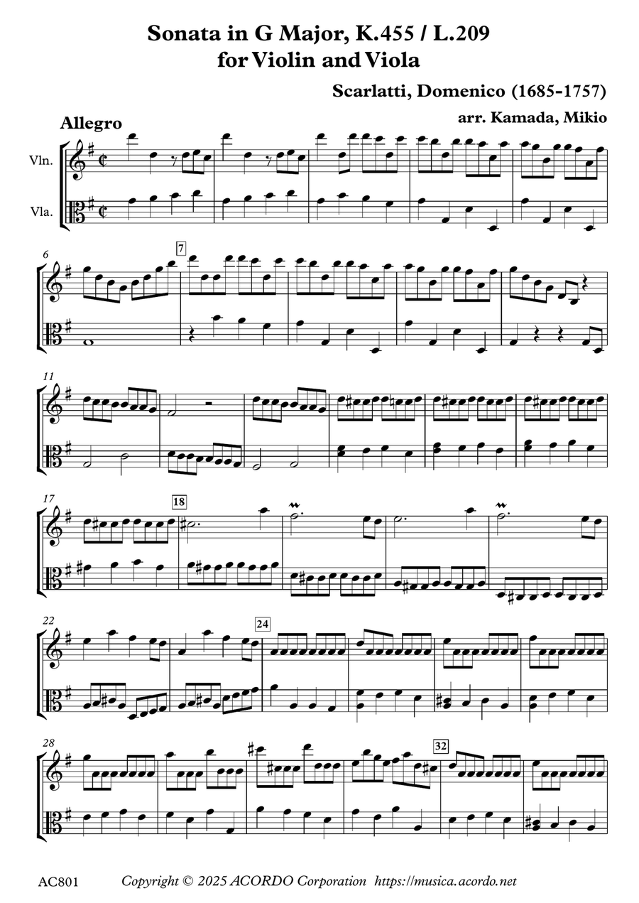 Sonata in G Major, K.455 / L.209 for Violin and Viola String Duet scores gallery preview page 1