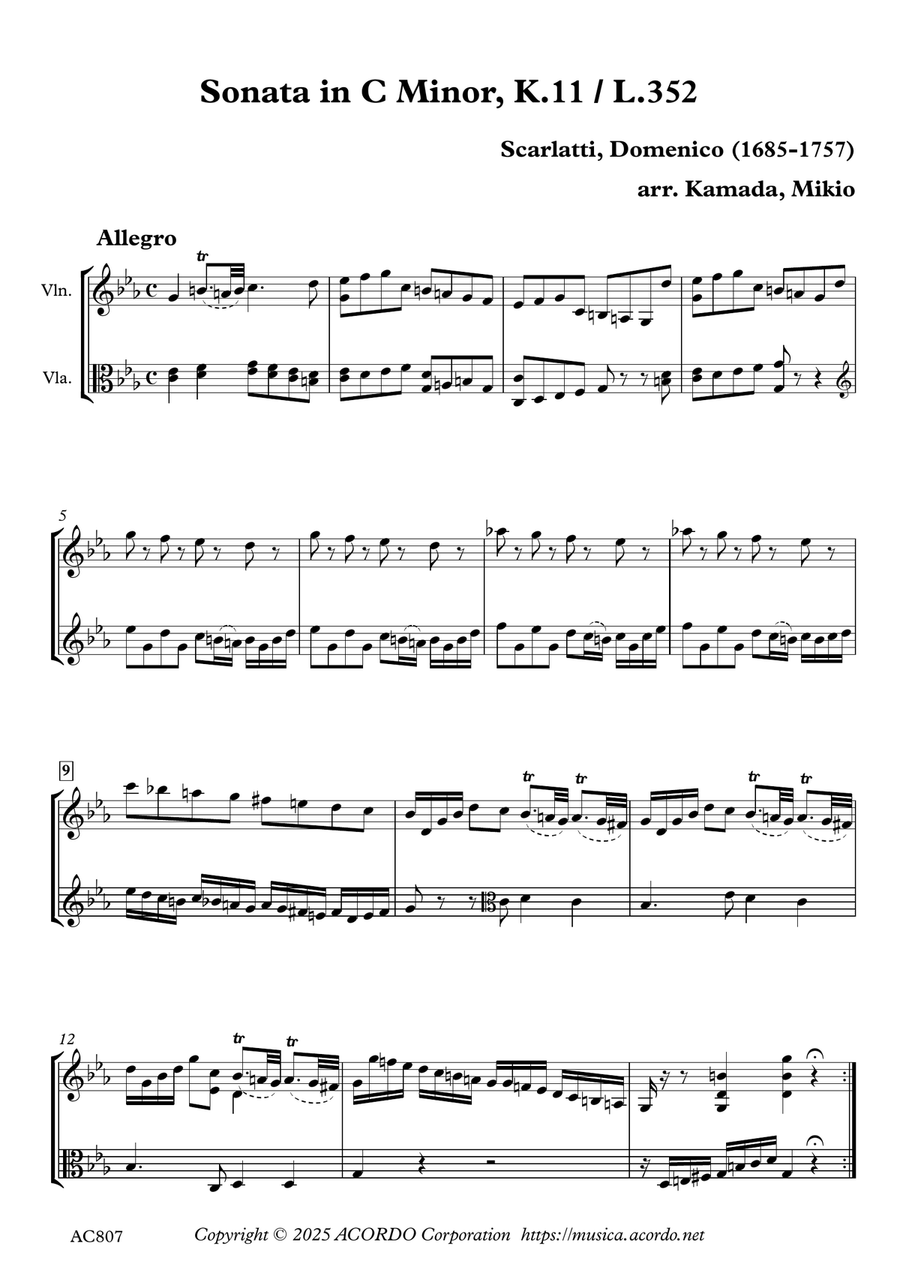 Sonata in C Minor, K.11 / L.352 for Violin and Viola String Duet scores gallery preview page 1