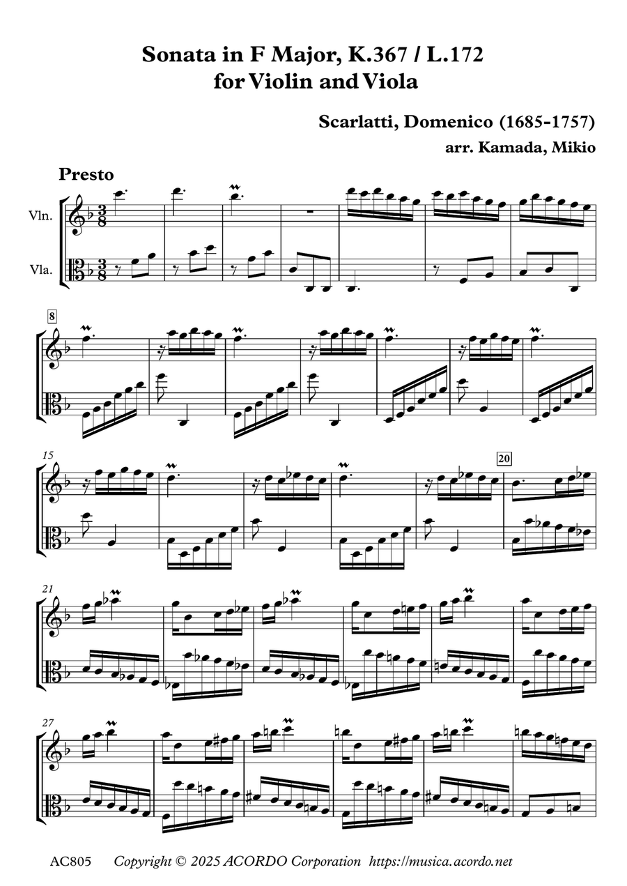 Sonata in F Major, K.367 / L.172 for Violin and Viola String Duet scores gallery preview page 1