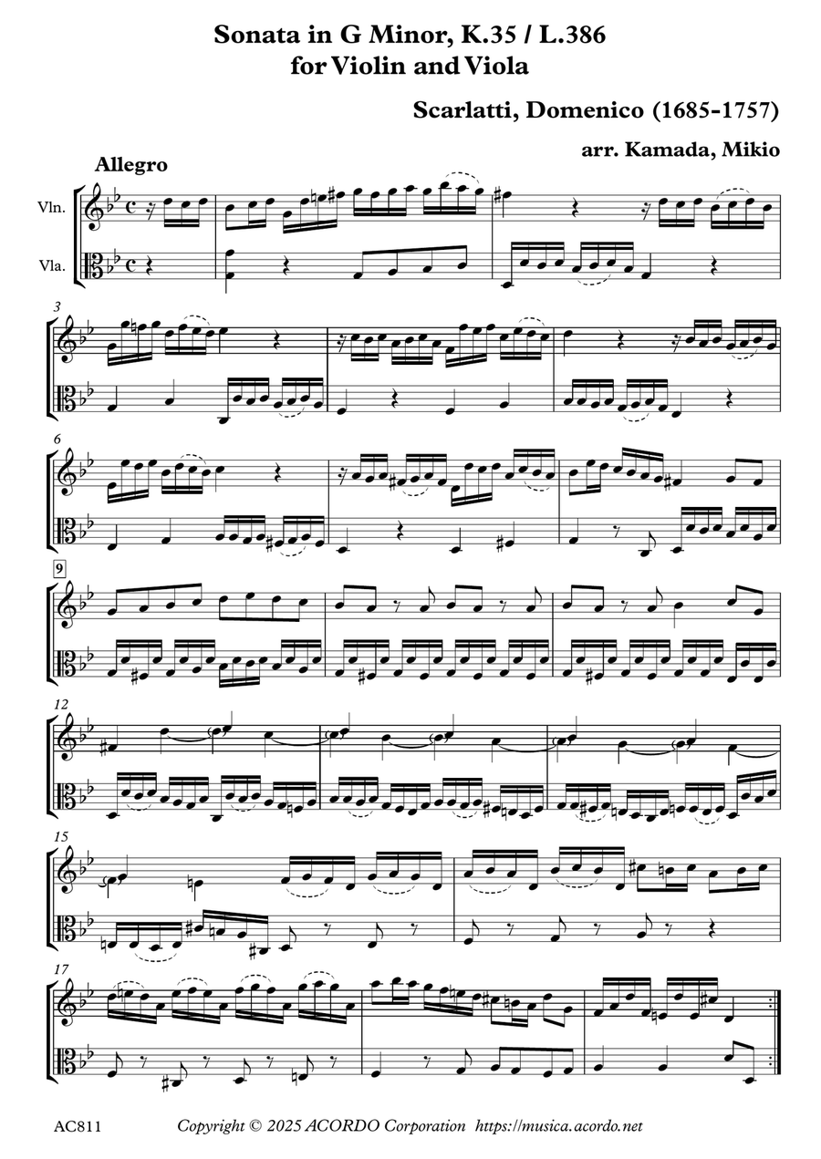 Sonata in G Minor, K.35 / L.386 for Violin and Viola String Duet scores gallery preview page 1