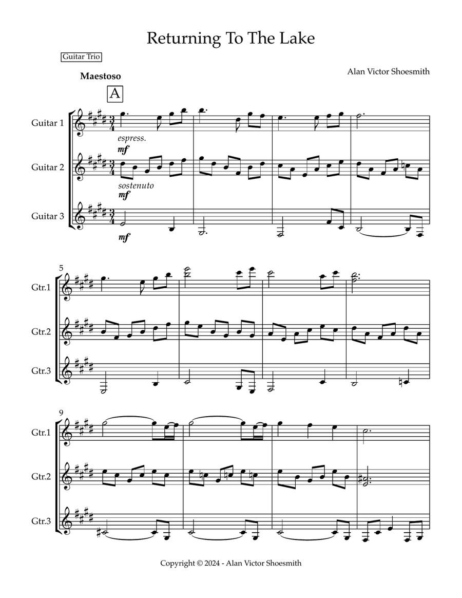 Returning To The Lake - guitar trio (score and separate parts) Guitar Ensemble scores gallery preview page 1
