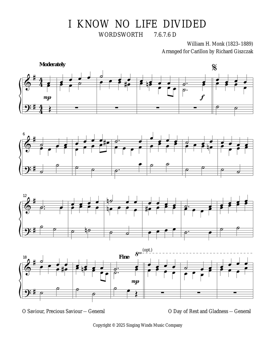 I Know No Life Divided (WORDSWORTH) Carillon scores gallery preview page 1