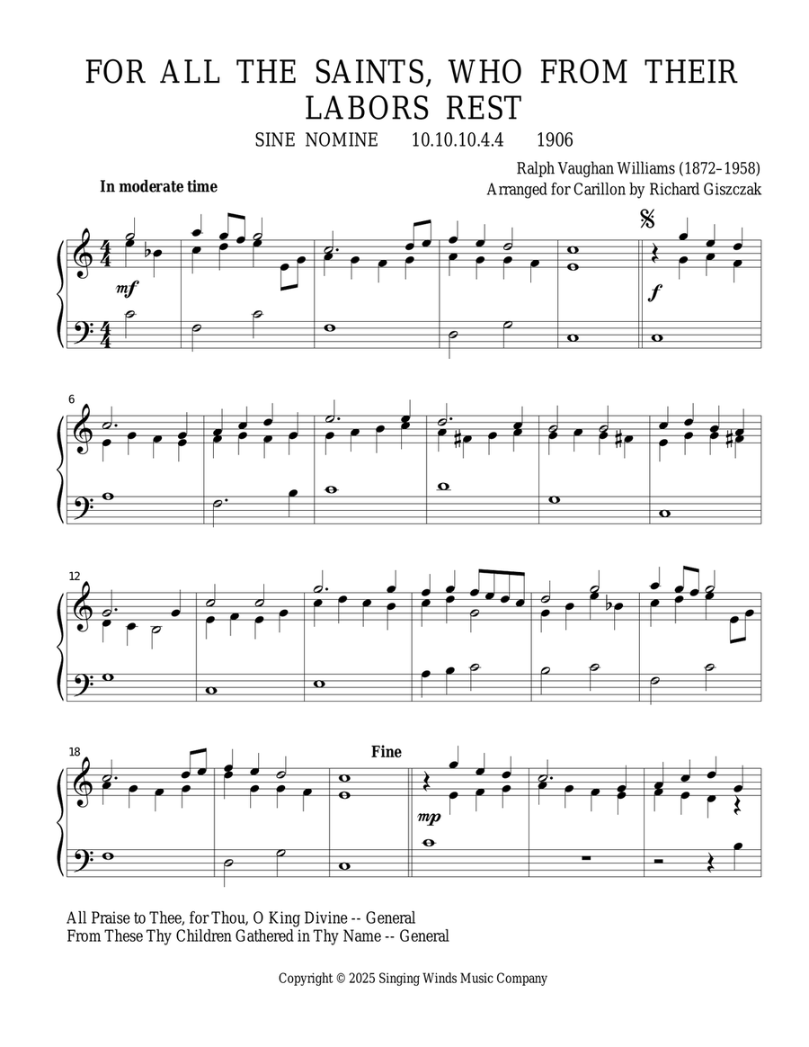 For All the Saints, Who from Their Labors Rest (SINE NOMINE) Carillon scores gallery preview page 1