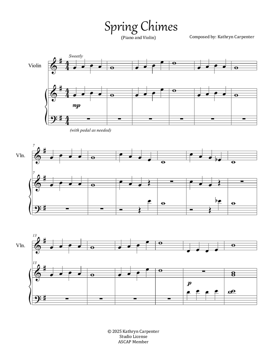 Spring Chimes (Easy Piano and Violin) Violin Solo scores gallery preview page 1