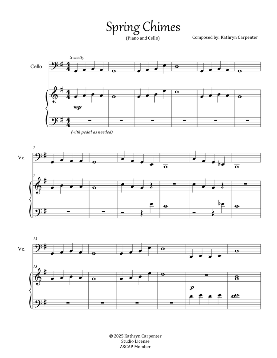 Spring Chimes (Easy Piano and Cello) Easy Piano scores gallery preview page 1