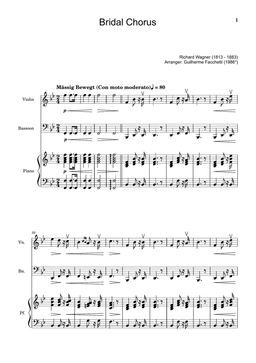Bridal Chorus. R. Wagner - Violin, Bassoon and Piano. Score and Parts. Chamber Music scores gallery preview page 1