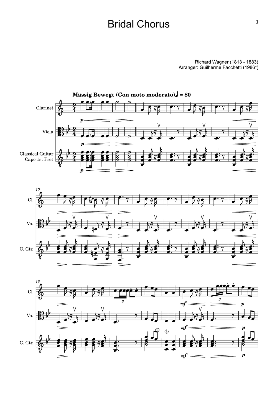 Bridal Chorus. R. Wagner - Clarinet, Viola and Guitar. Score and Parts. Small Ensemble scores gallery preview page 1
