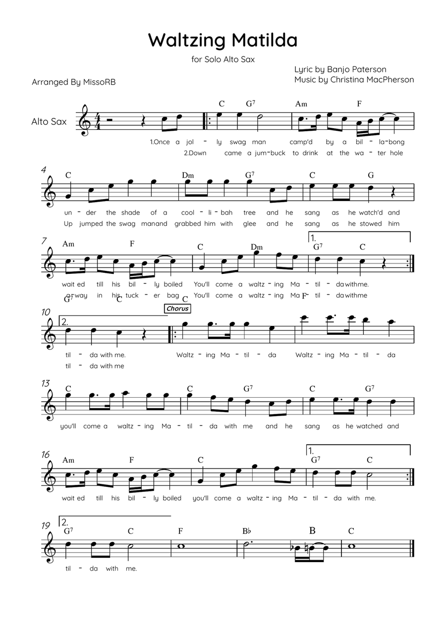 Waltzing Matilda - Solo Alto Sax in Eb Major With Lyrics & Chords Alto Saxophone scores gallery preview page 1